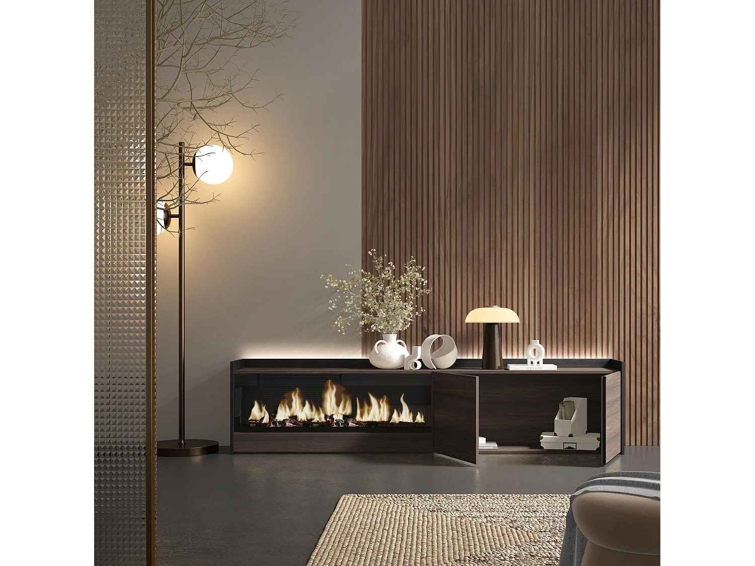 TV-Schrank, Lowboard, 212x50x35 cm, Für TV-Geräte bis zu 80", Elektrokamin XXL, LED, Dunkler Eiche und Schwarz