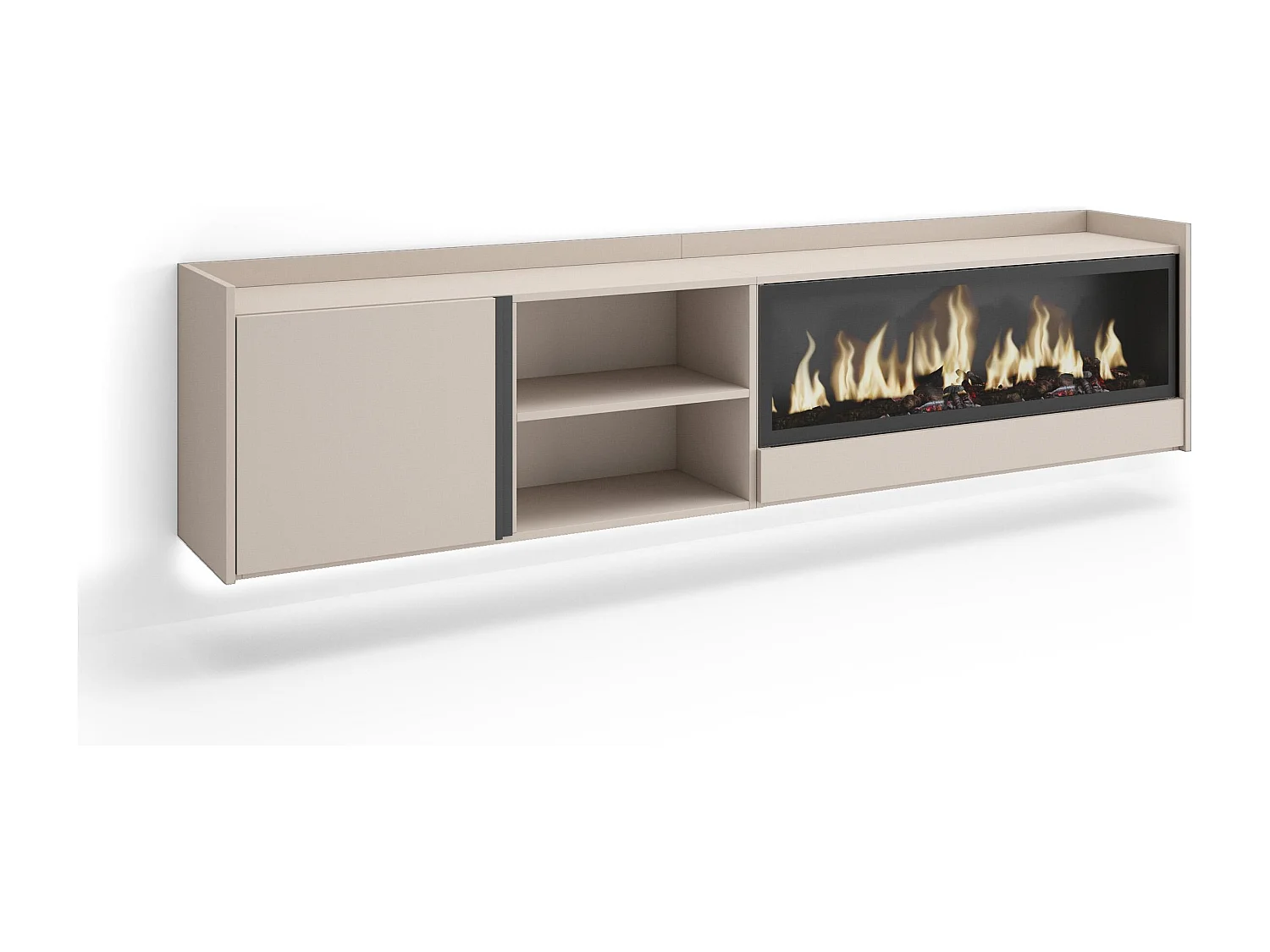 TV-Schrank, Lowboard, 212x50x35 cm, Für TV-Geräte bis zu 80", Elektrokamin XXL, Hängend, LED, Beige