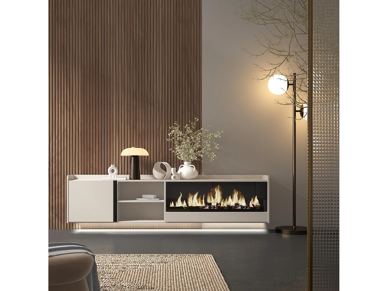 TV-Schrank, Lowboard, 212x50x35 cm, Für TV-Geräte bis zu 80", Elektrokamin XXL, Hängend, LED, Beige