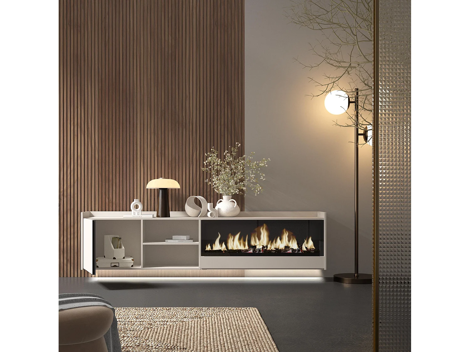 TV-Schrank, Lowboard, 212x50x35 cm, Für TV-Geräte bis zu 80", Elektrokamin XXL, Hängend, LED, Beige