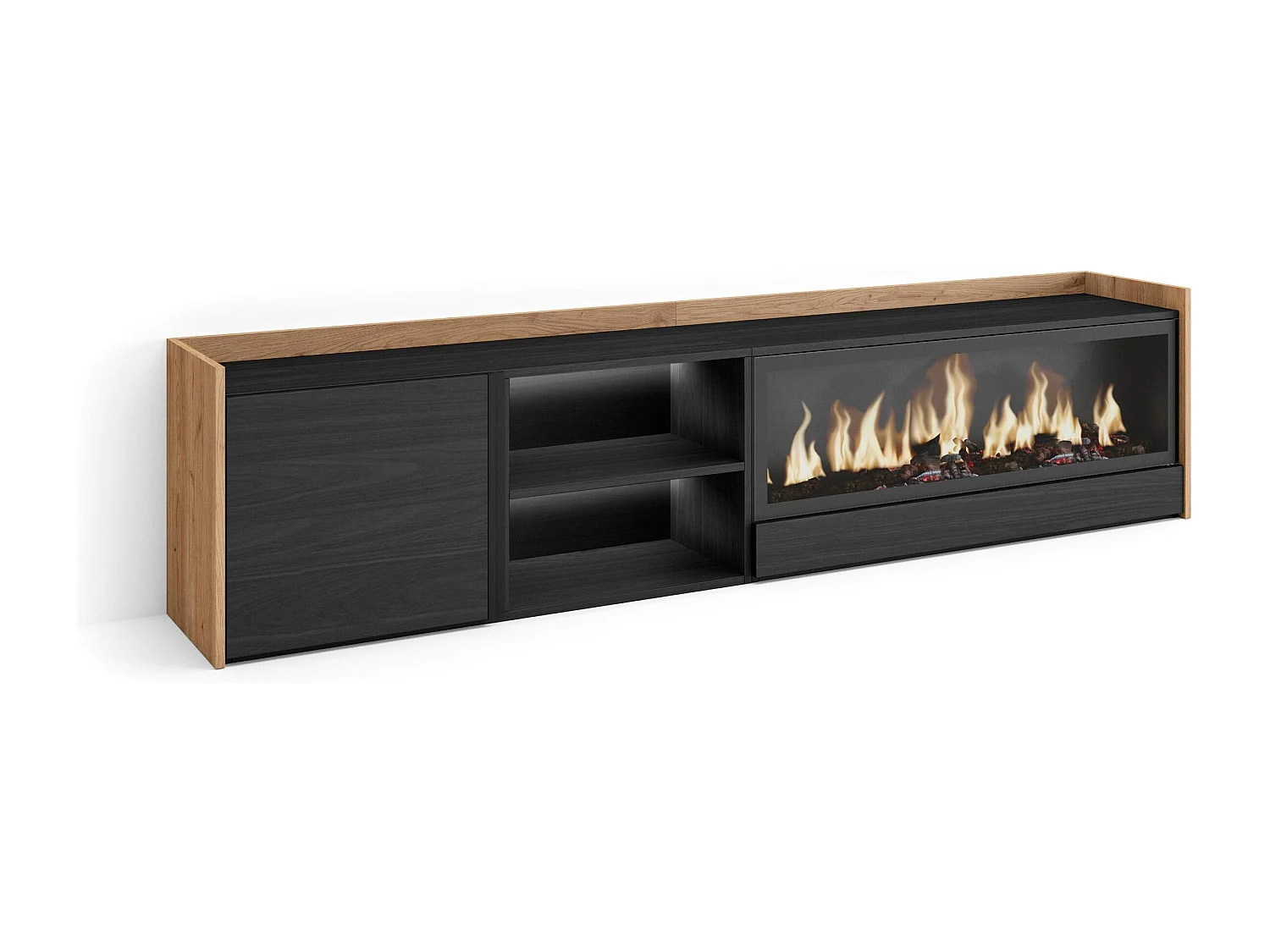 TV-Schrank, Lowboard, 212x50x35 cm, Für TV-Geräte bis zu 80", Elektrokamin XXL, LED, Schwarz Eiche