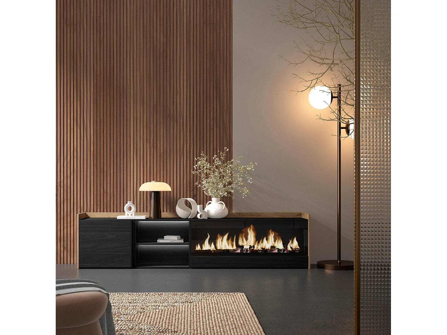 TV-Schrank, Lowboard, 212x50x35 cm, Für TV-Geräte bis zu 80", Elektrokamin XXL, LED, Schwarz Eiche