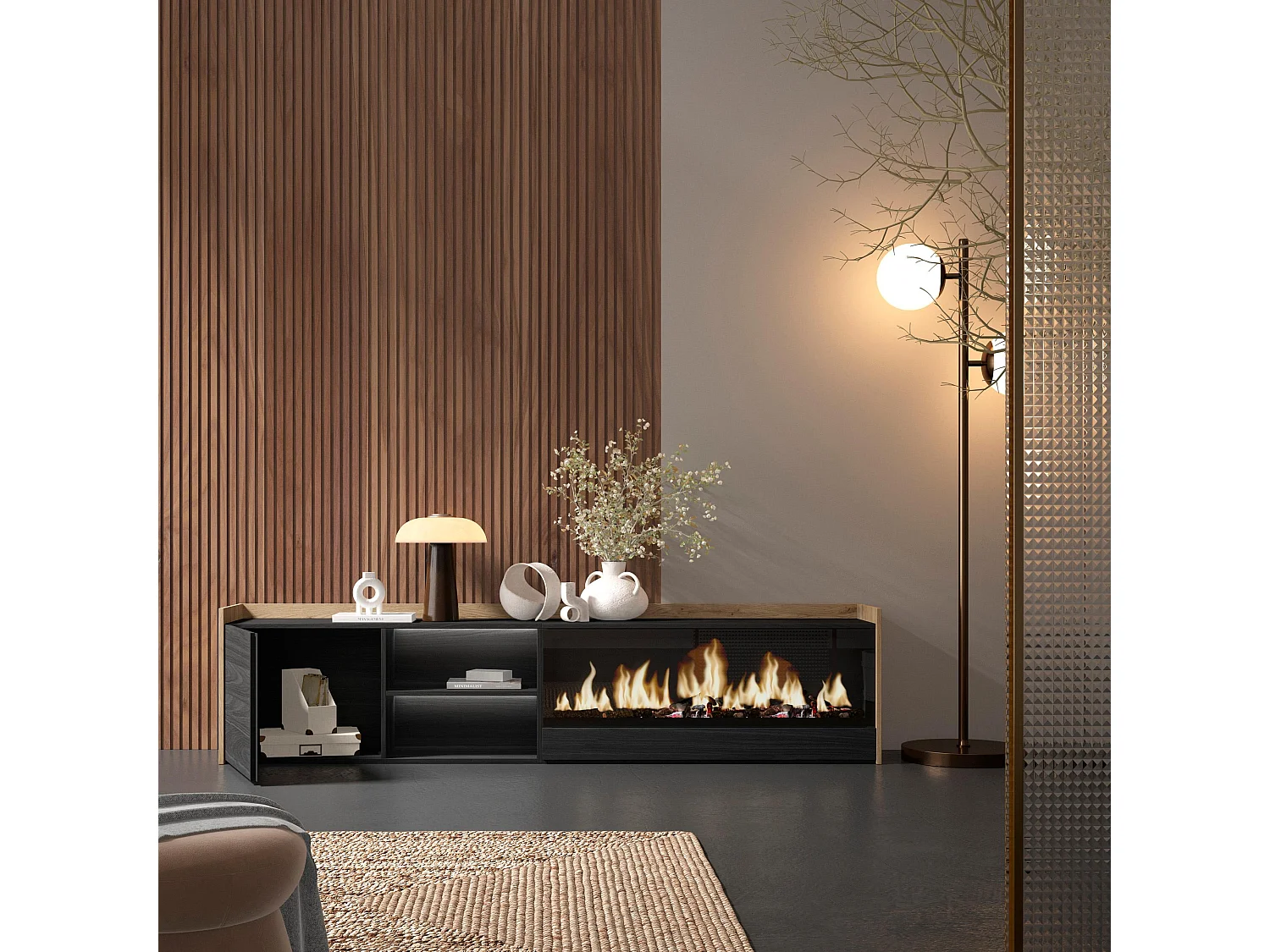 TV-Schrank, Lowboard, 212x50x35 cm, Für TV-Geräte bis zu 80", Elektrokamin XXL, LED, Schwarz Eiche