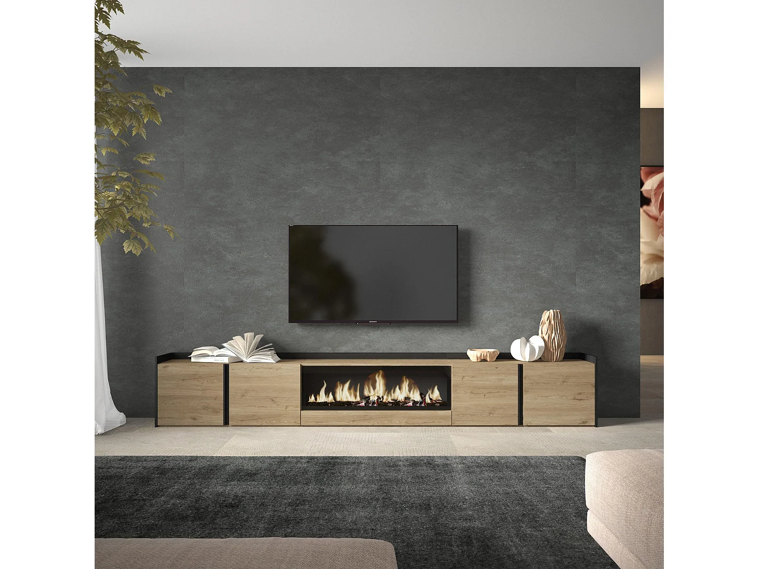 TV-Meubel, Lowboard, 315x50x35 cm, Voor tv's tot 80", Elektrische haard XXL, Eiken/Zwart