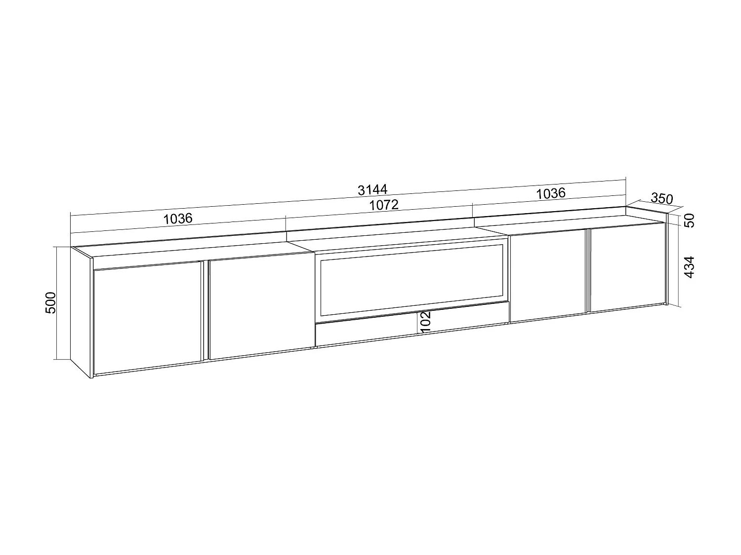 TV-Meubel, Lowboard, 315x50x35 cm, Voor tv's tot 80", Elektrische haard XXL, Eiken/Zwart