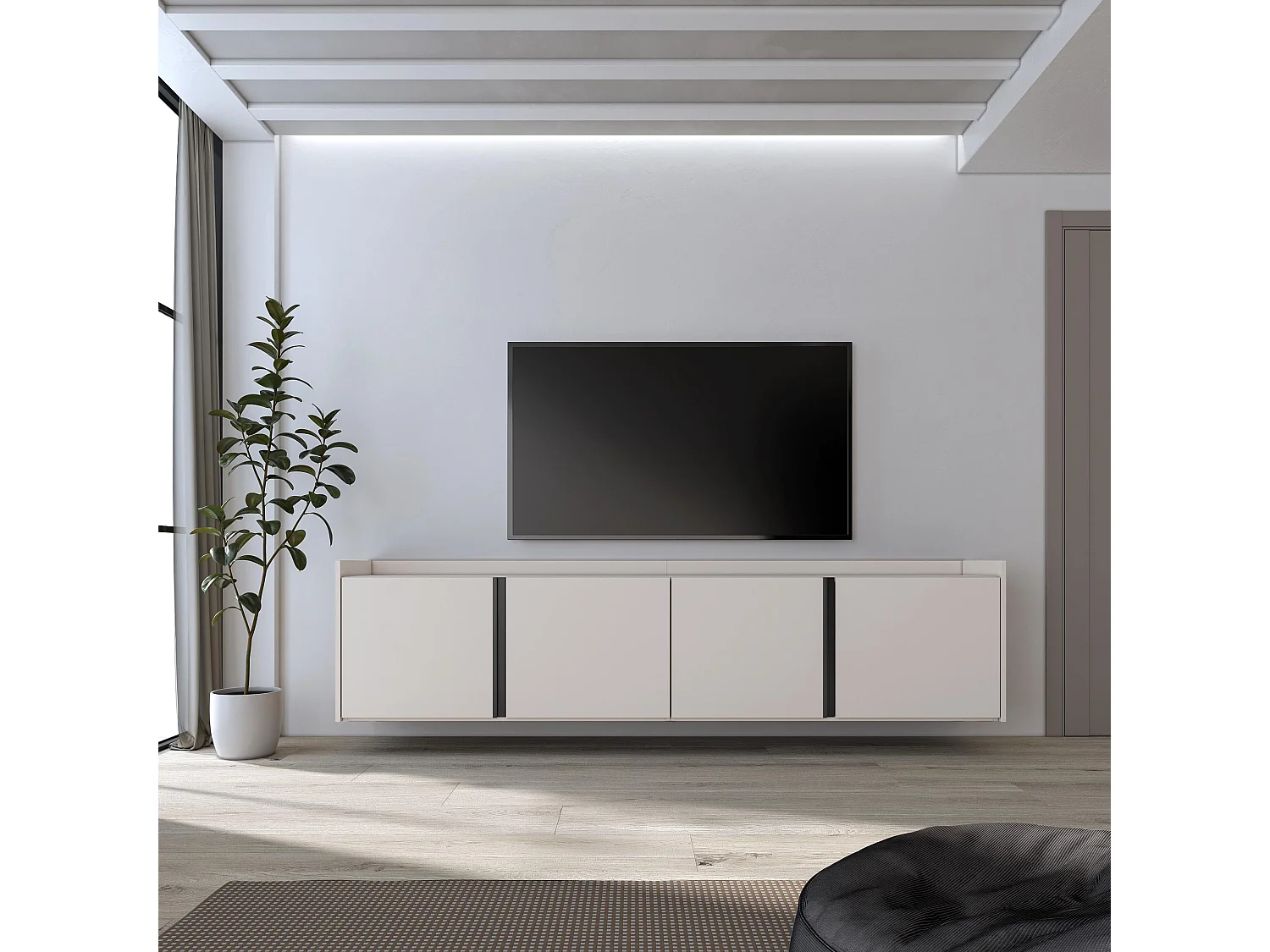 TV-Meubel, Lowboard, 207x50x35 cm, Voor tv's tot 80", Hangend, Beige