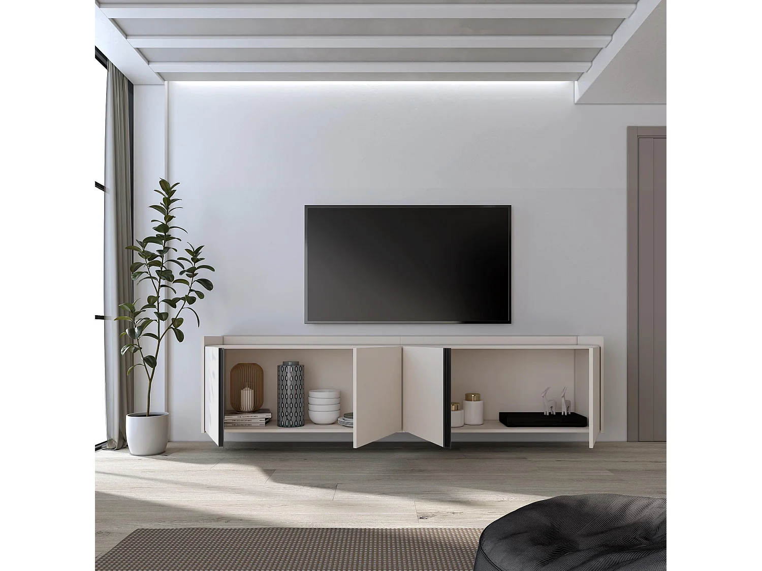 TV-Meubel, Lowboard, 207x50x35 cm, Voor tv's tot 80", Hangend, Beige