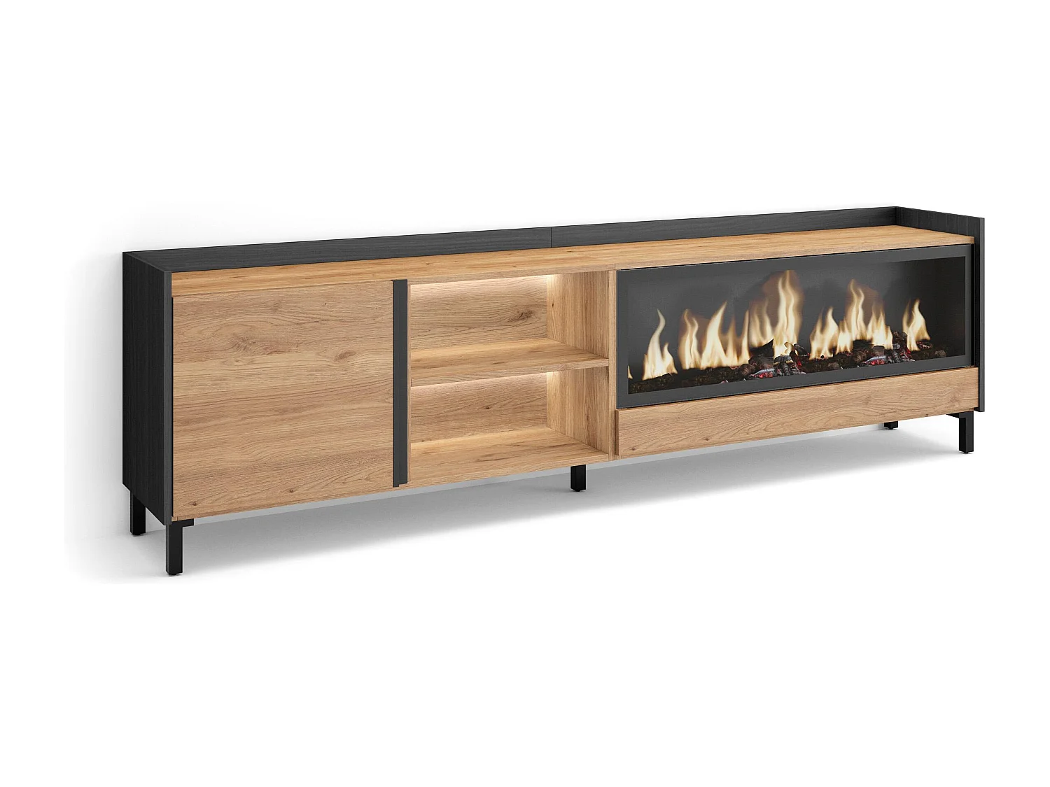 TV-Schrank, Lowboard, 212x61x35 cm, Für TV-Geräte bis zu 80", Elektrokamin XXL, Industriedesign, LED, Eiche Schwarz