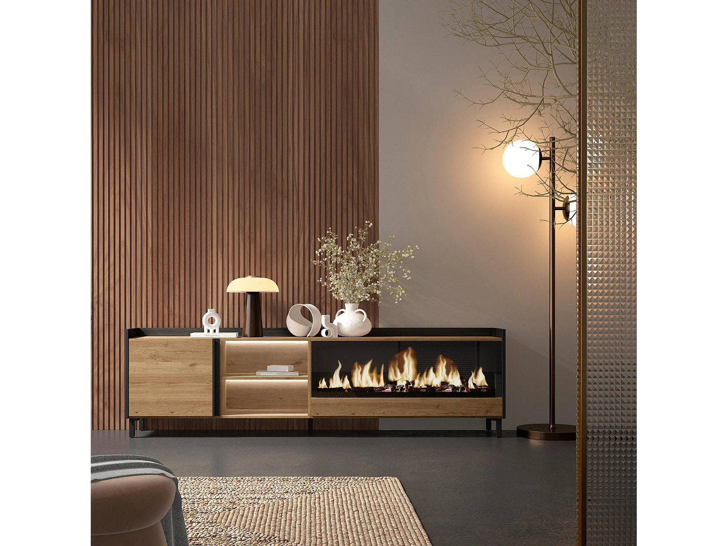 TV-Schrank, Lowboard, 212x61x35 cm, Für TV-Geräte bis zu 80", Elektrokamin XXL, Industriedesign, LED, Eiche Schwarz