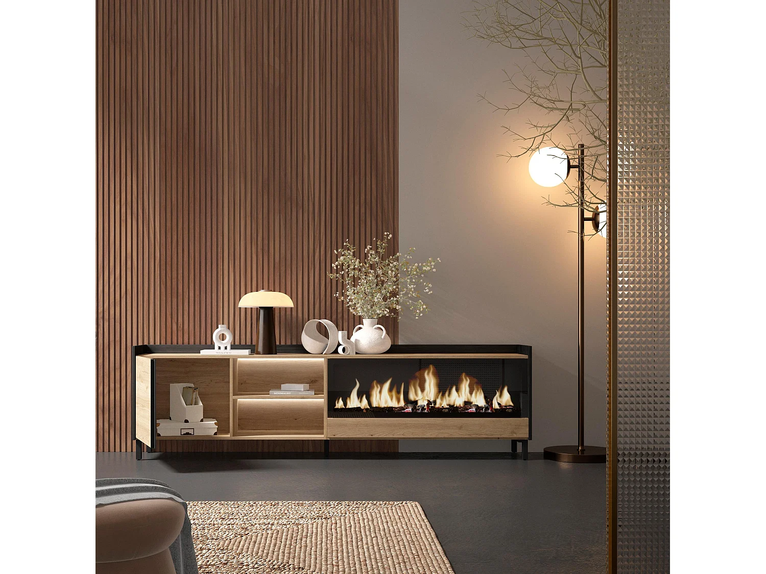 TV-Schrank, Lowboard, 212x61x35 cm, Für TV-Geräte bis zu 80", Elektrokamin XXL, Industriedesign, LED, Eiche Schwarz