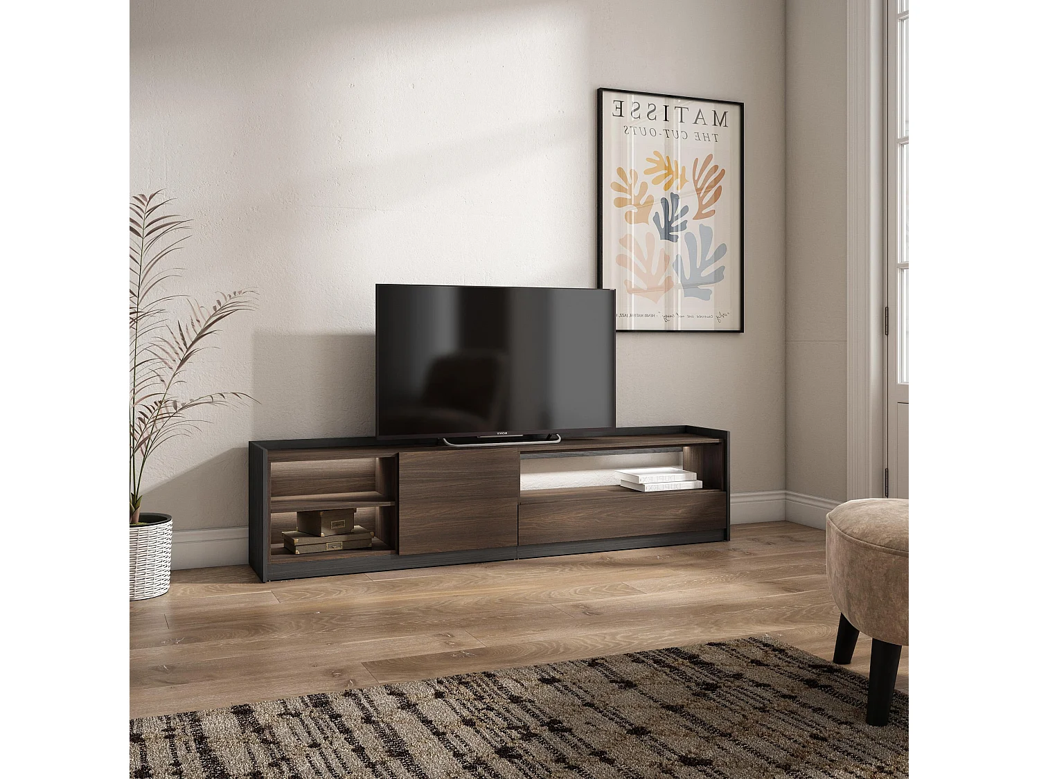 TV-Schrank, Lowboard, 207x50x37 cm, Für TV-Geräte bis zu 80", LED, Dunkler Eiche und Schwarz