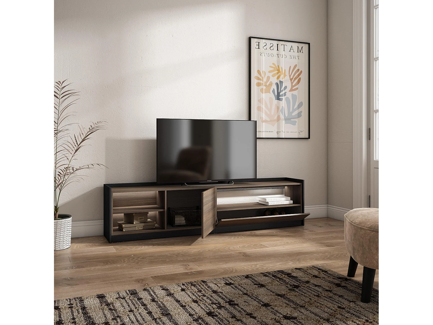 TV-Schrank, Lowboard, 207x50x37 cm, Für TV-Geräte bis zu 80", LED, Dunkler Eiche und Schwarz