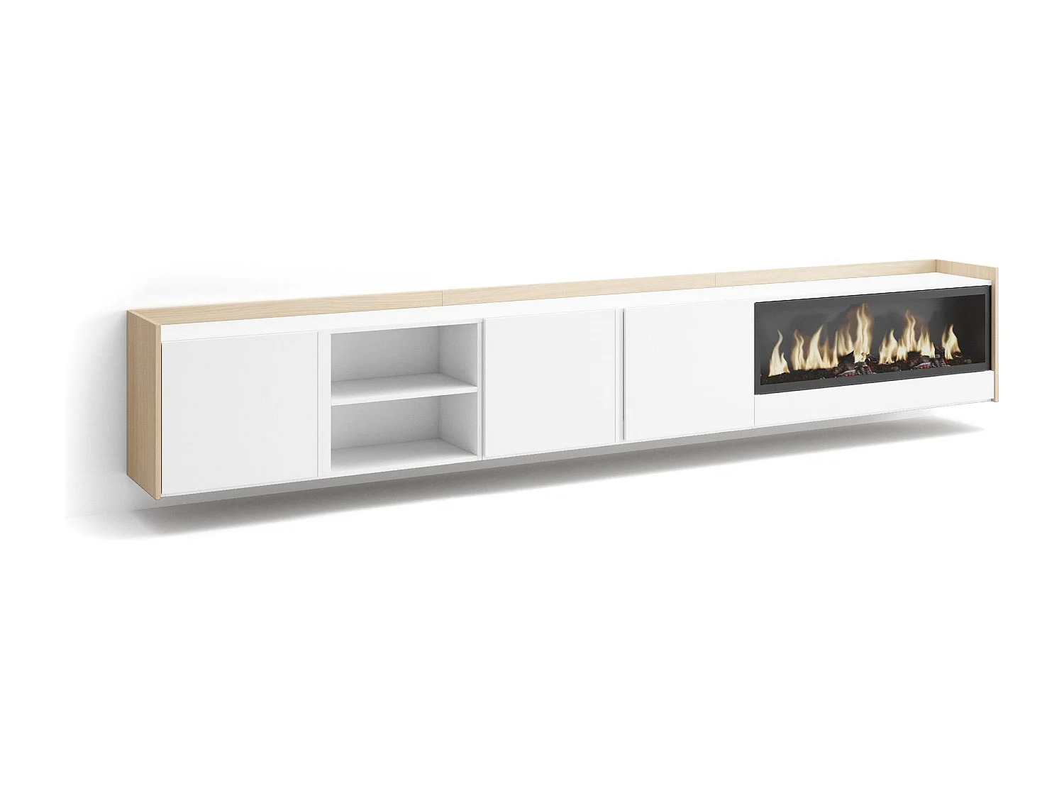 TV-Schrank, Lowboard, 315x50x35 cm, Für TV-Geräte bis zu 80", Elektrokamin XXL, Hängend, Weiß und Eiche Soft