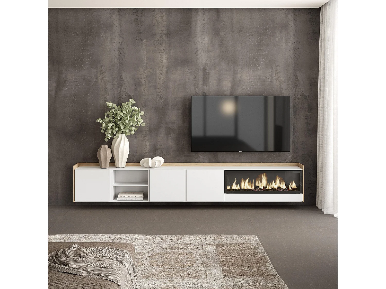 TV-Schrank, Lowboard, 315x50x35 cm, Für TV-Geräte bis zu 80", Elektrokamin XXL, Hängend, Weiß und Eiche Soft