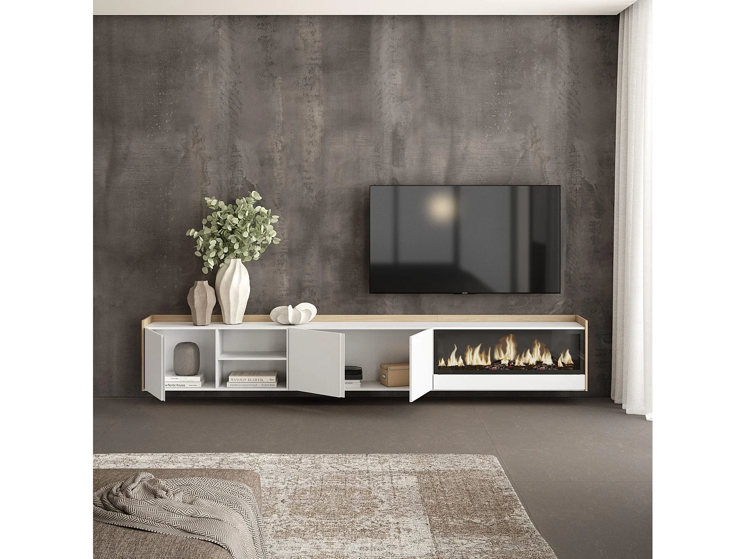 TV-Schrank, Lowboard, 315x50x35 cm, Für TV-Geräte bis zu 80", Elektrokamin XXL, Hängend, Weiß und Eiche Soft