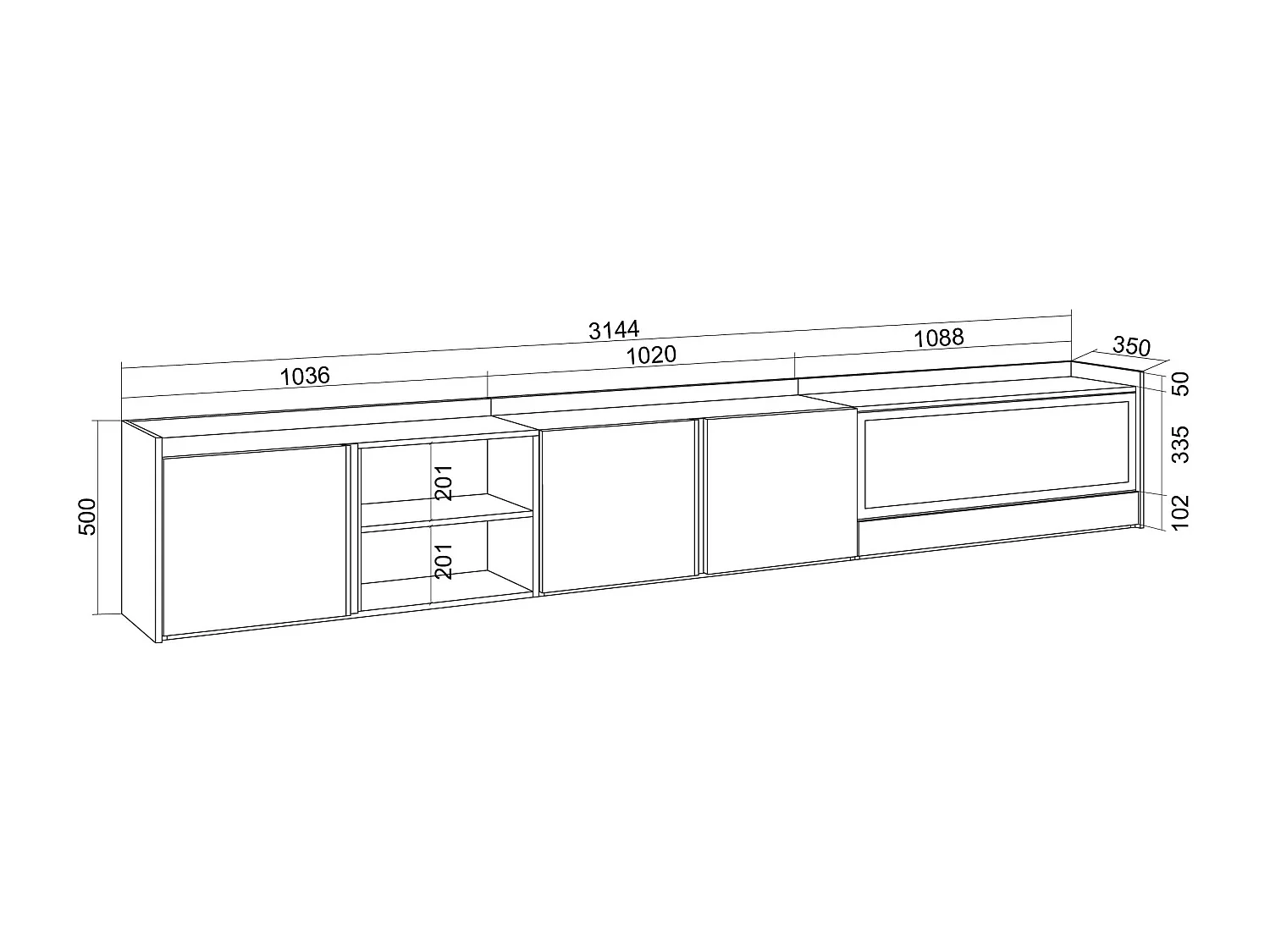 TV-Schrank, Lowboard, 315x50x35 cm, Für TV-Geräte bis zu 80", Elektrokamin XXL, Hängend, Weiß und Eiche Soft