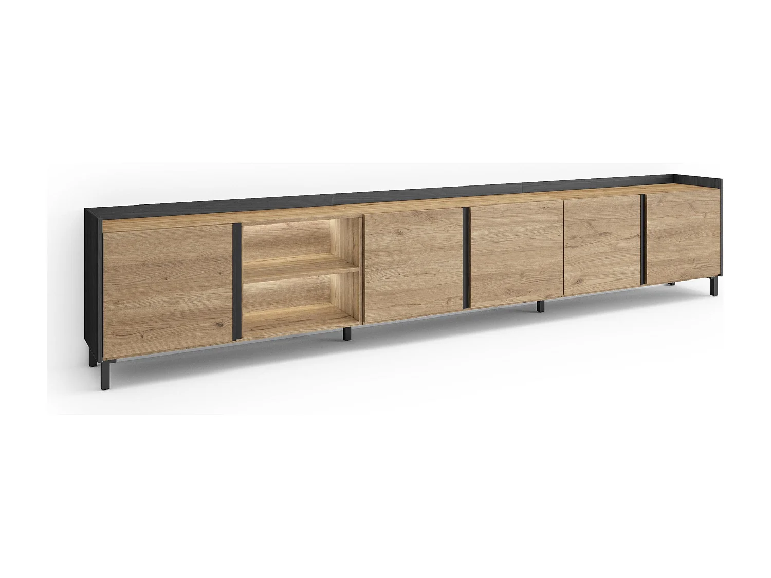 TV-Schrank, Lowboard, 309x61x35 cm, Für TV-Geräte bis zu 80", Industriedesign, LED, Eiche Schwarz