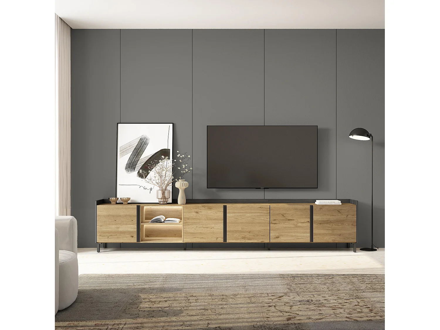 TV-Schrank, Lowboard, 309x61x35 cm, Für TV-Geräte bis zu 80", Industriedesign, LED, Eiche Schwarz