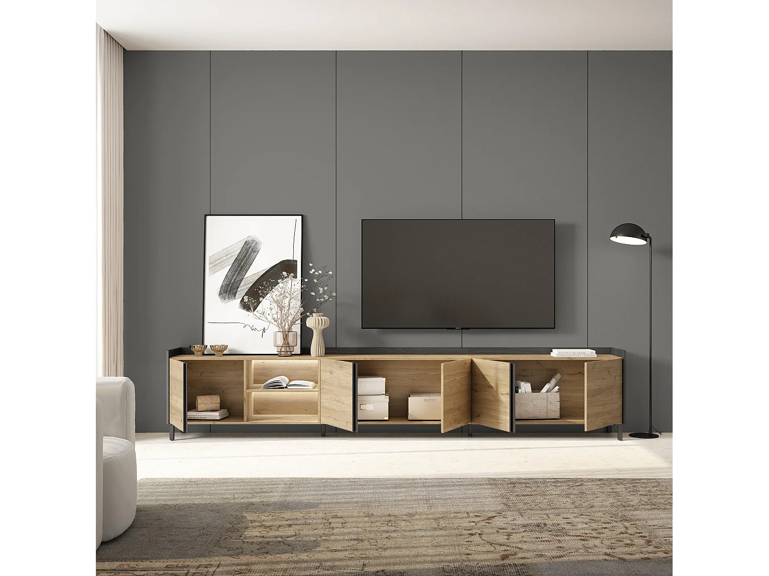 TV-Schrank, Lowboard, 309x61x35 cm, Für TV-Geräte bis zu 80", Industriedesign, LED, Eiche Schwarz