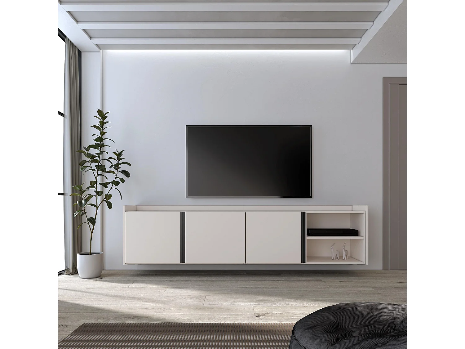 TV-Meubel, Lowboard, 207x50x35 cm, Voor tv's tot 80", Hangend, Beige