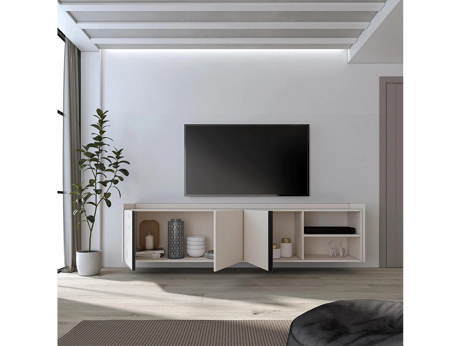 TV-Meubel, Lowboard, 207x50x35 cm, Voor tv's tot 80", Hangend, Beige
