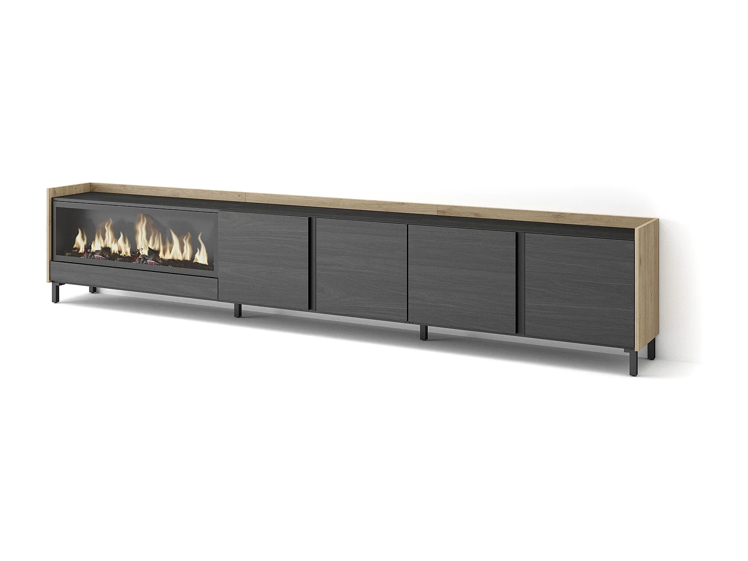 TV-Schrank, Lowboard, 315x61x35 cm, Für TV-Geräte bis zu 80", Elektrokamin XXL, Industriedesign, Schwarz Eiche