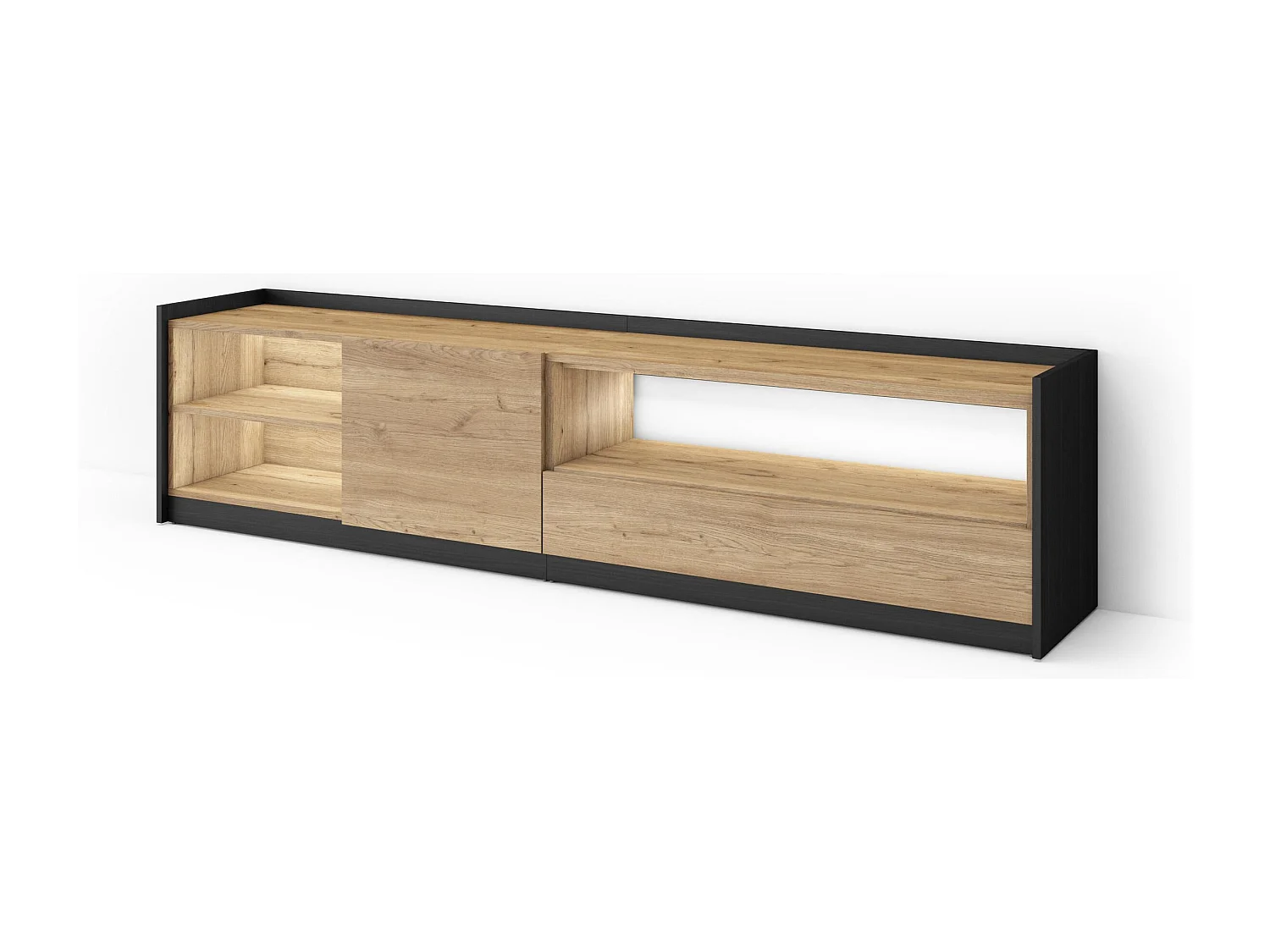 TV-Schrank, Lowboard, 207x50x37 cm, Für TV-Geräte bis zu 80", LED, Eiche Schwarz