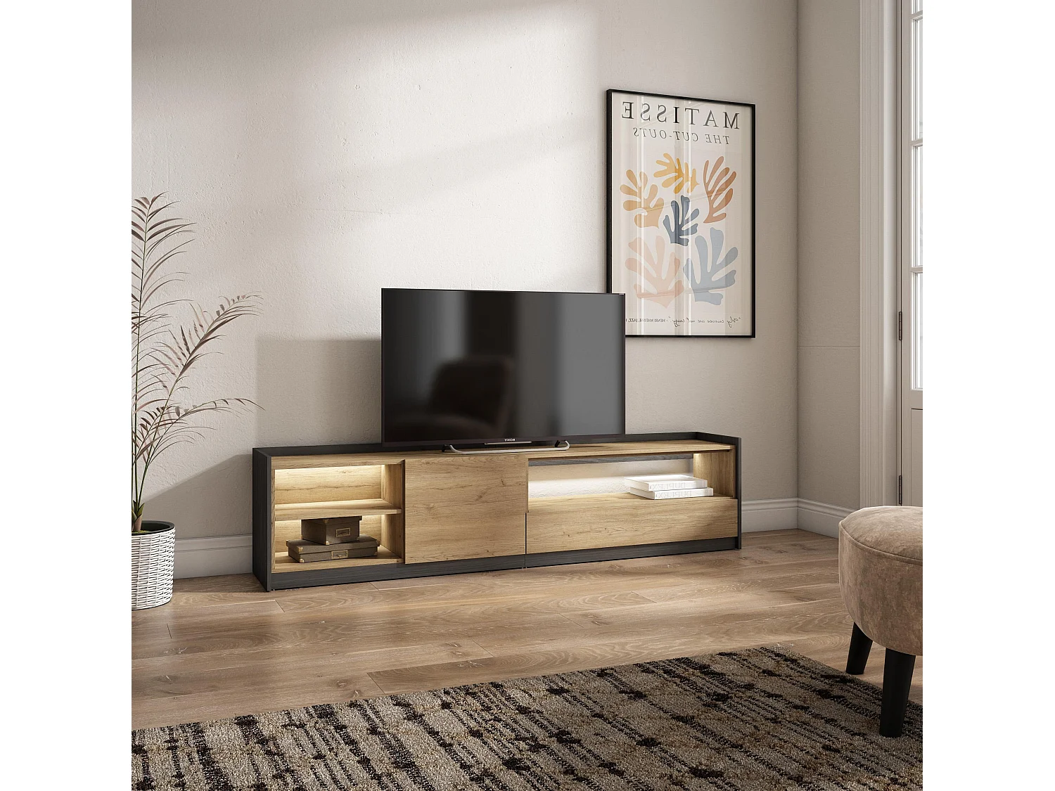 TV-Schrank, Lowboard, 207x50x37 cm, Für TV-Geräte bis zu 80", LED, Eiche Schwarz