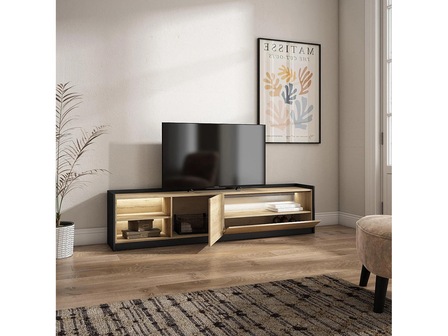 TV-Schrank, Lowboard, 207x50x37 cm, Für TV-Geräte bis zu 80", LED, Eiche Schwarz