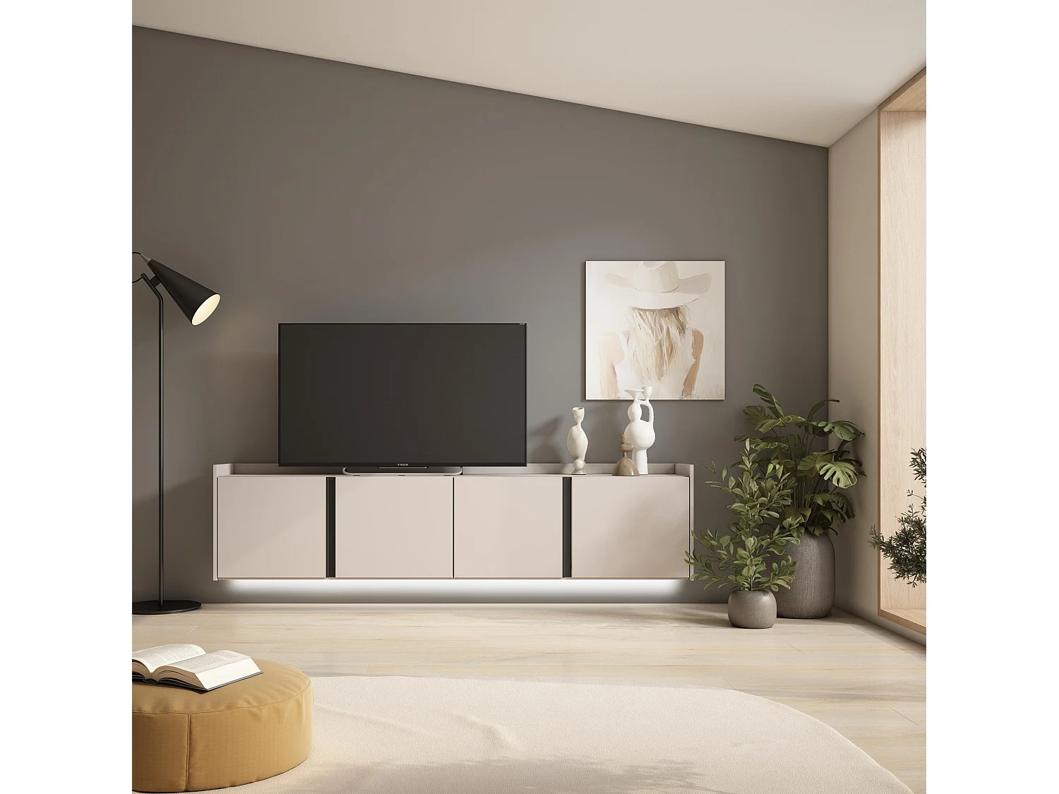 TV-Schrank, Lowboard, 207x50x35 cm, Für TV-Geräte bis zu 80", Hängend, LED, Beige