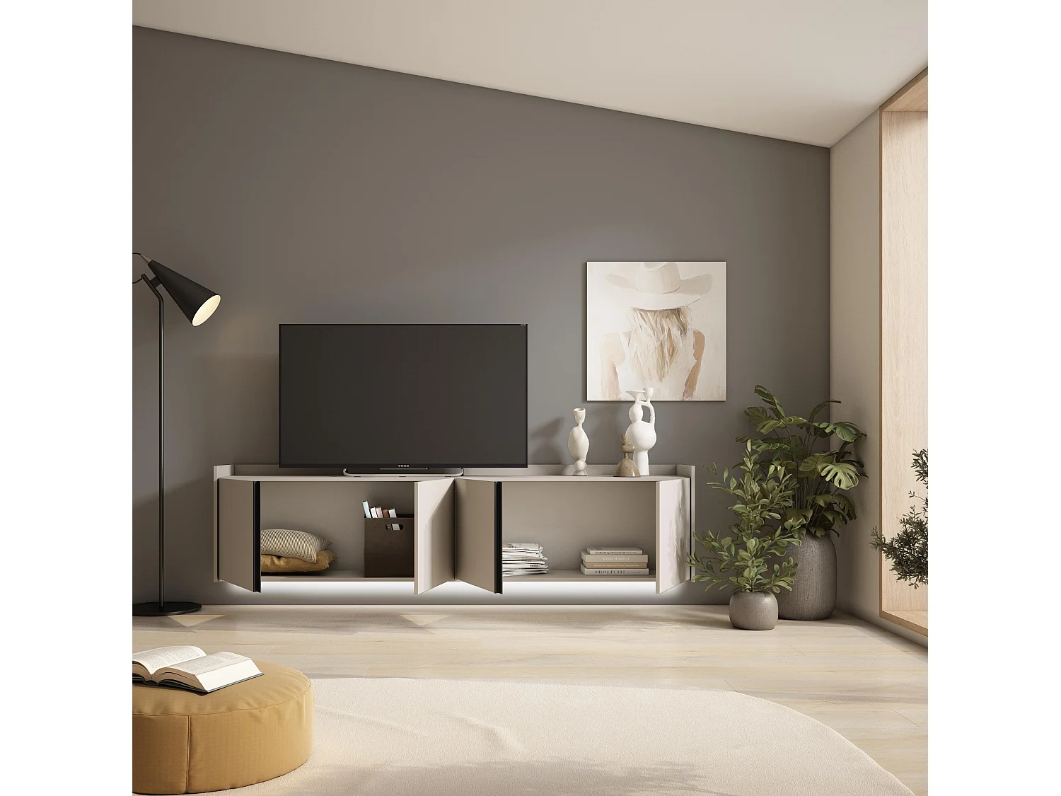 TV-Schrank, Lowboard, 207x50x35 cm, Für TV-Geräte bis zu 80", Hängend, LED, Beige