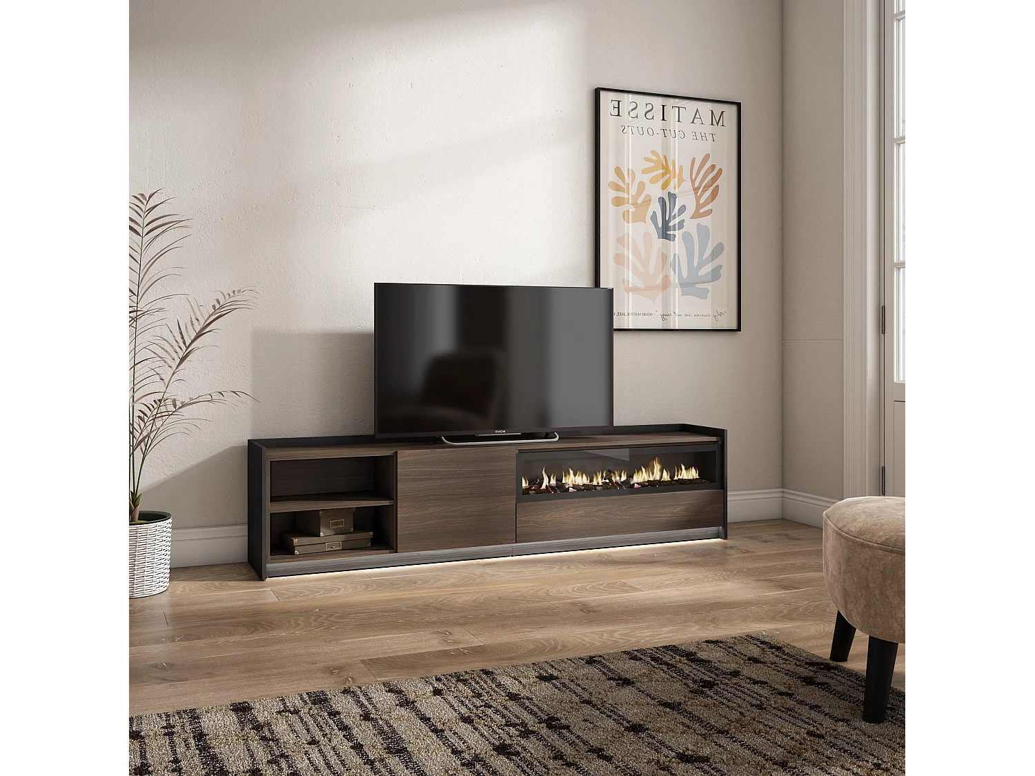 TV-Schrank, Lowboard, 207x50x37 cm, Für TV-Geräte bis zu 80", Elektrokamin., LED, Dunkler Eiche und Schwarz