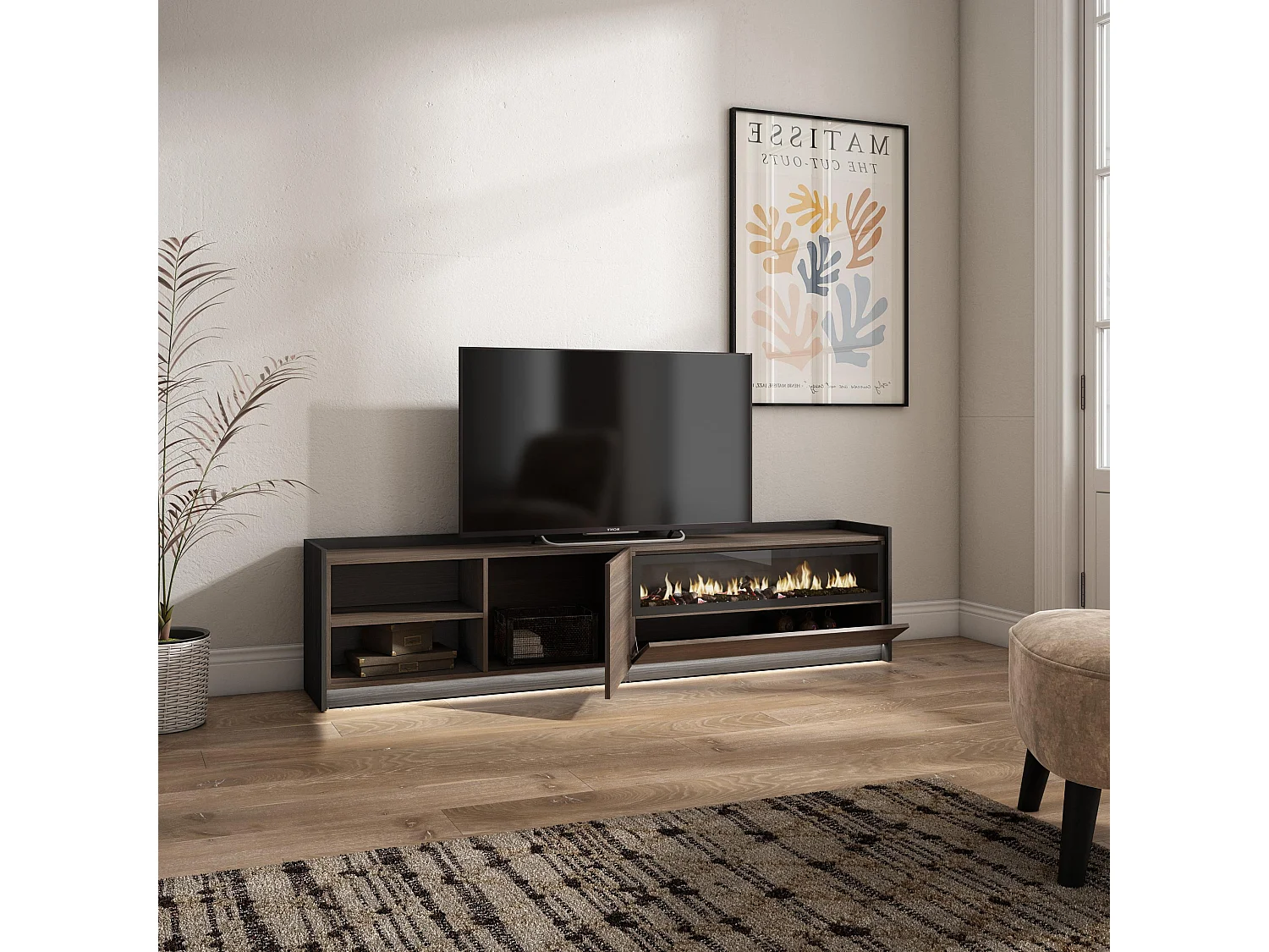 TV-Schrank, Lowboard, 207x50x37 cm, Für TV-Geräte bis zu 80", Elektrokamin., LED, Dunkler Eiche und Schwarz