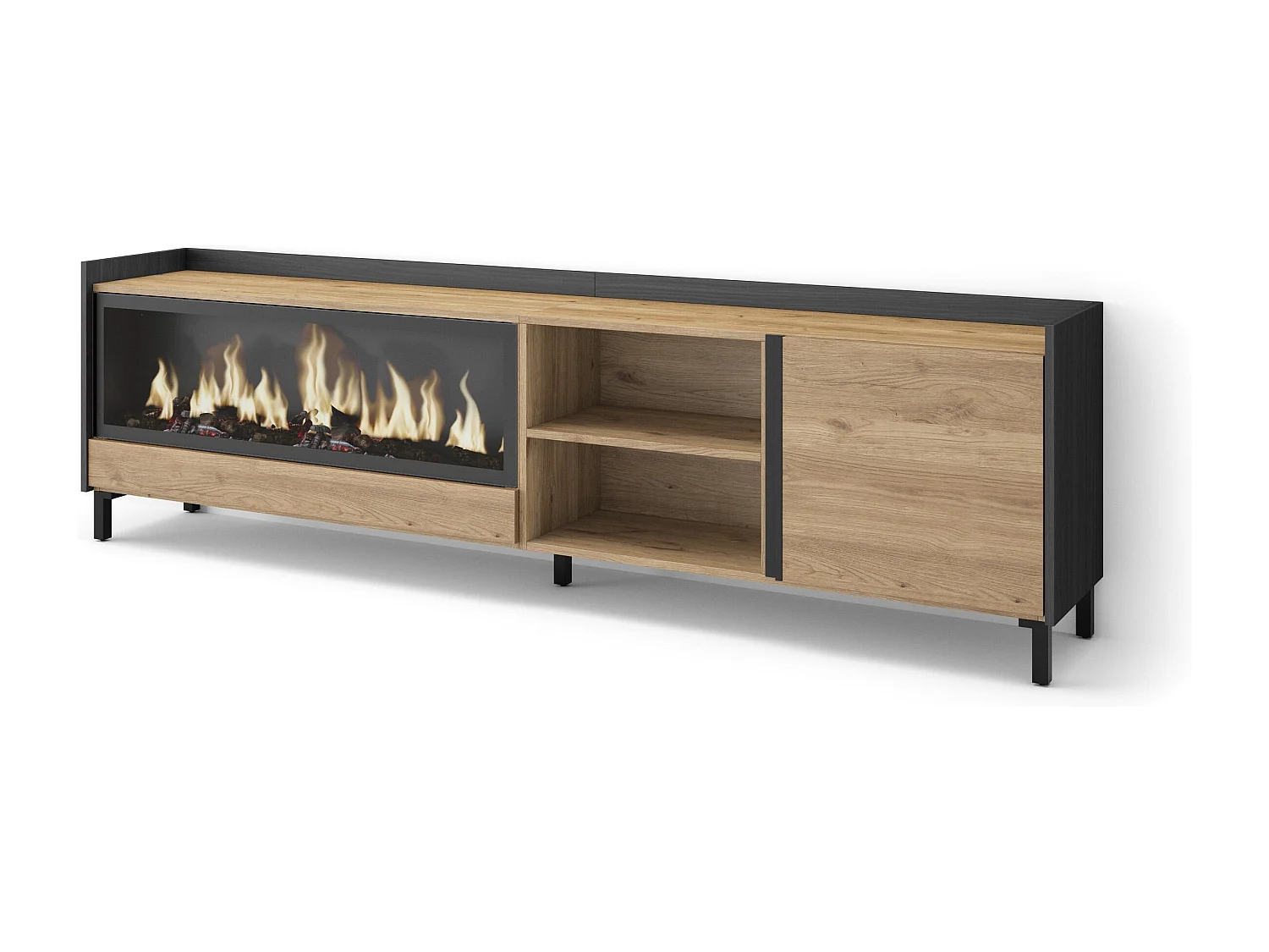 TV-Schrank, Lowboard, 212x61x35 cm, Für TV-Geräte bis zu 80", Elektrokamin XXL, Industriedesign, Eiche Schwarz