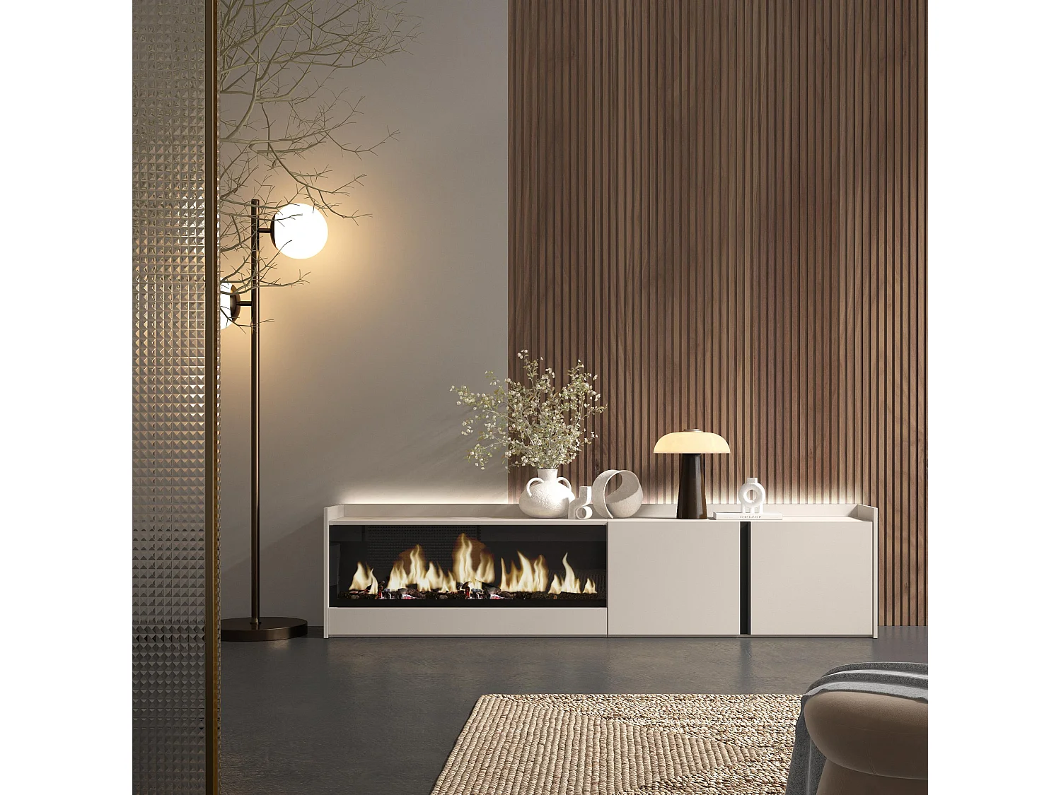 TV-Schrank, Lowboard, 212x50x35 cm, Für TV-Geräte bis zu 80", Elektrokamin XXL, LED, Beige