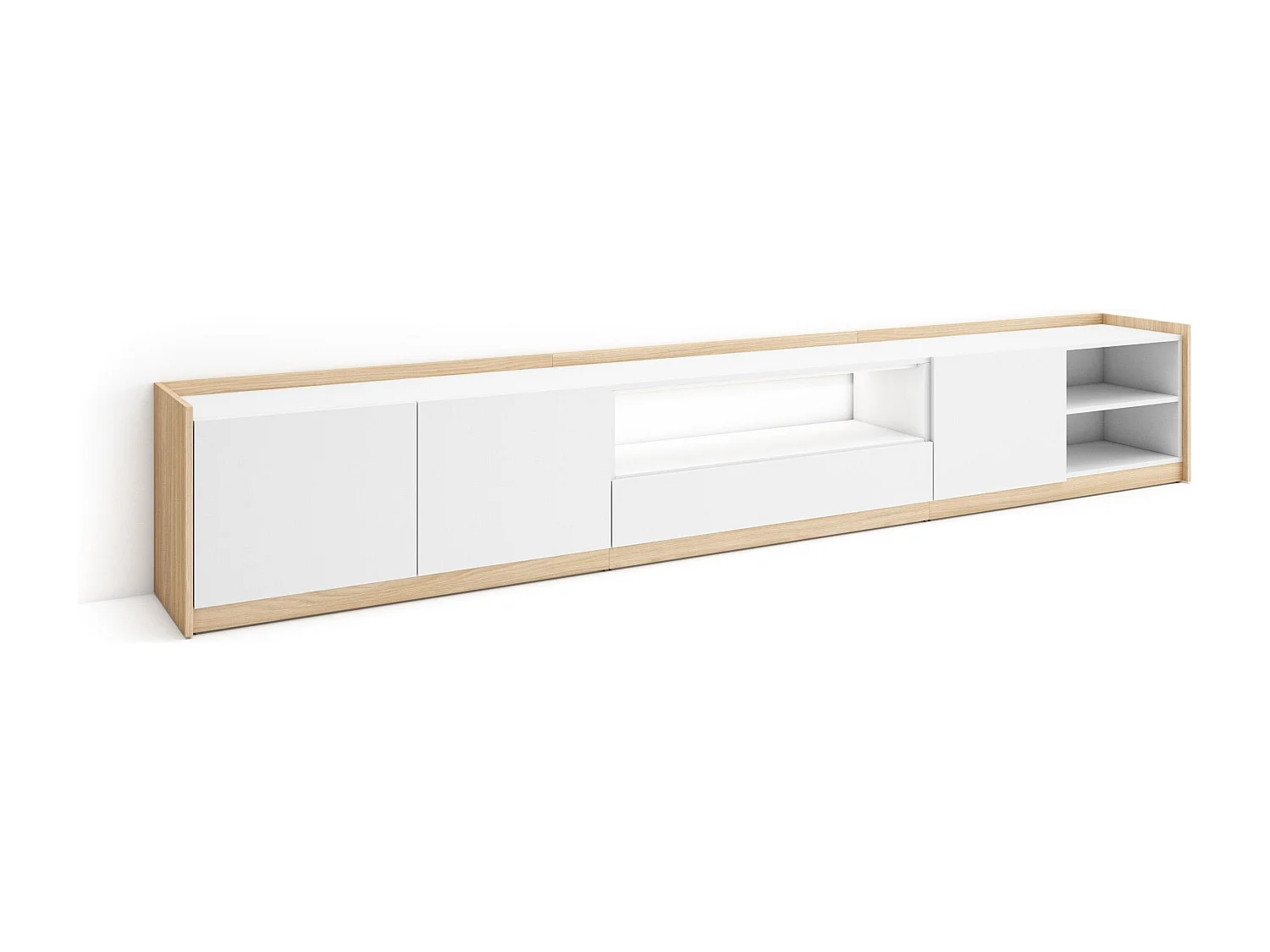 TV-Schrank, Lowboard, 310x50x37 cm, Für TV-Geräte bis zu 80", LED, Weiß und Eiche Soft