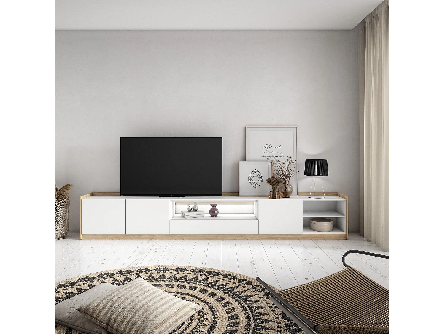 TV-Schrank, Lowboard, 310x50x37 cm, Für TV-Geräte bis zu 80", LED, Weiß und Eiche Soft
