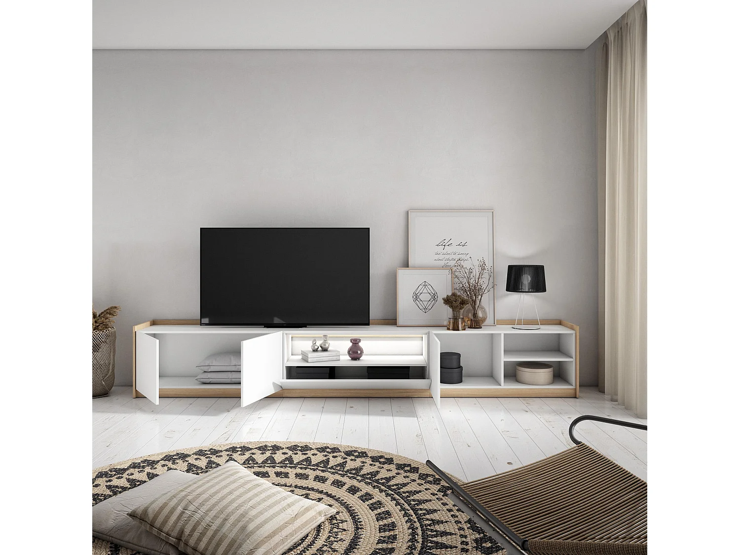 TV-Schrank, Lowboard, 310x50x37 cm, Für TV-Geräte bis zu 80", LED, Weiß und Eiche Soft