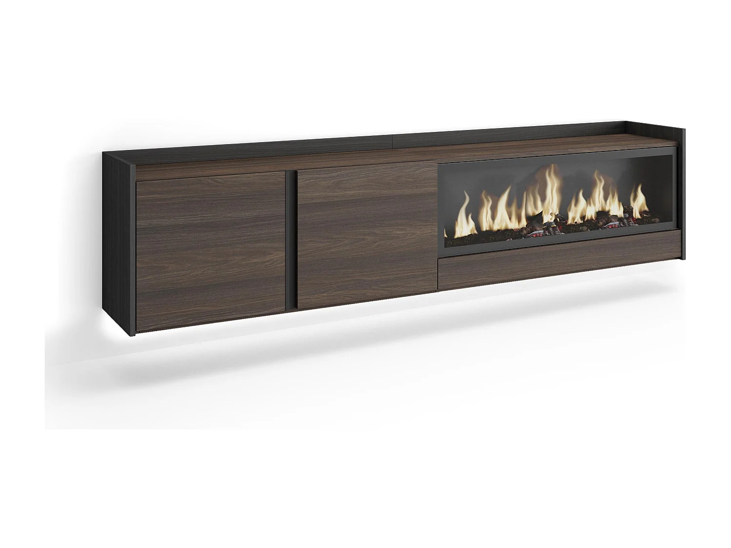 TV-Schrank, Lowboard, 212x50x35 cm, Für TV-Geräte bis zu 80", Elektrokamin XXL, Hängend, LED, Dunkler Eiche und Schwarz