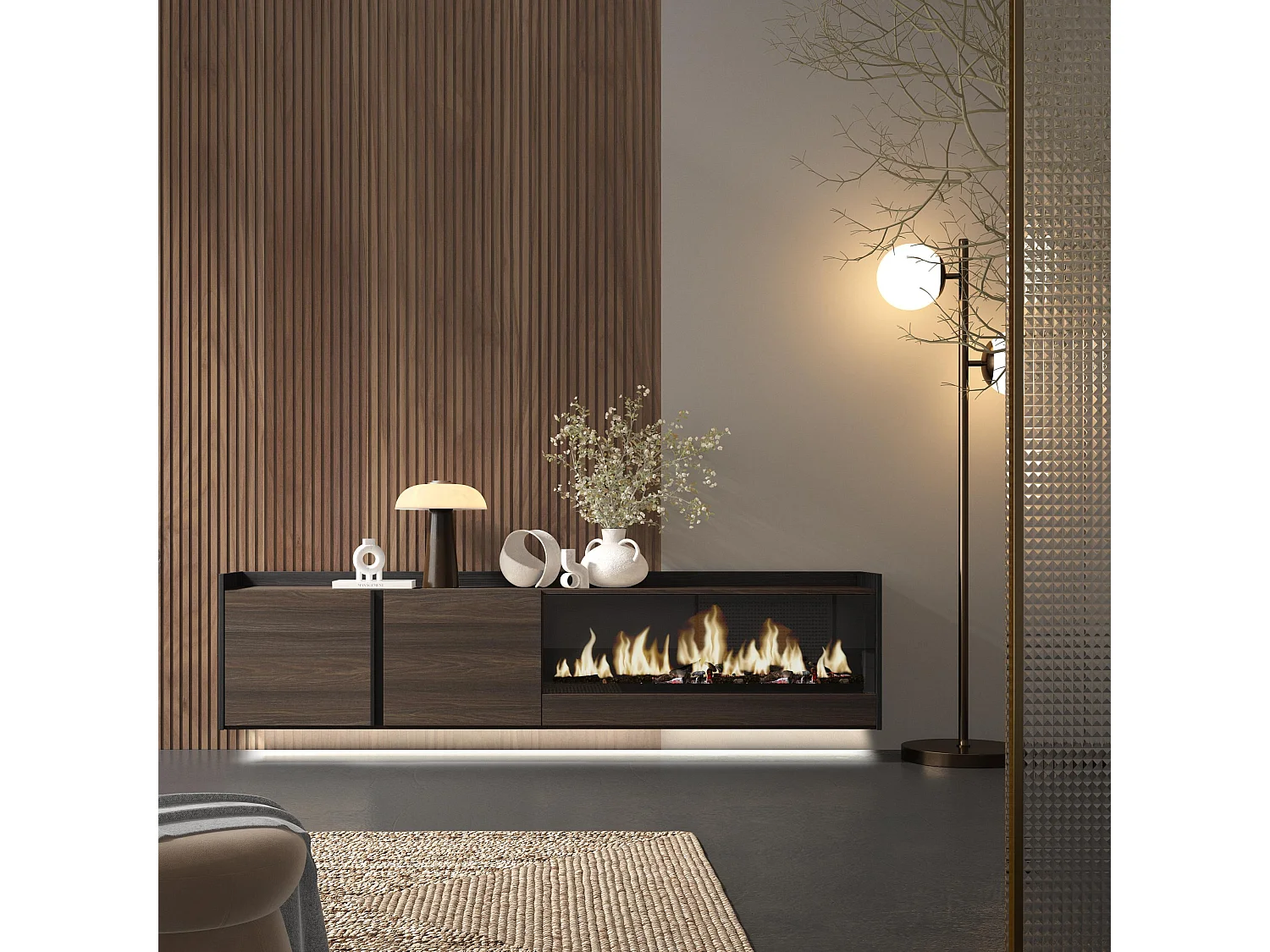 TV-Schrank, Lowboard, 212x50x35 cm, Für TV-Geräte bis zu 80", Elektrokamin XXL, Hängend, LED, Dunkler Eiche und Schwarz