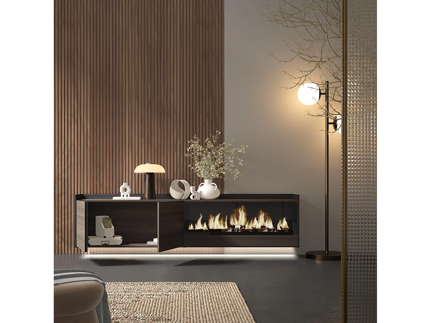 TV-Schrank, Lowboard, 212x50x35 cm, Für TV-Geräte bis zu 80", Elektrokamin XXL, Hängend, LED, Dunkler Eiche und Schwarz