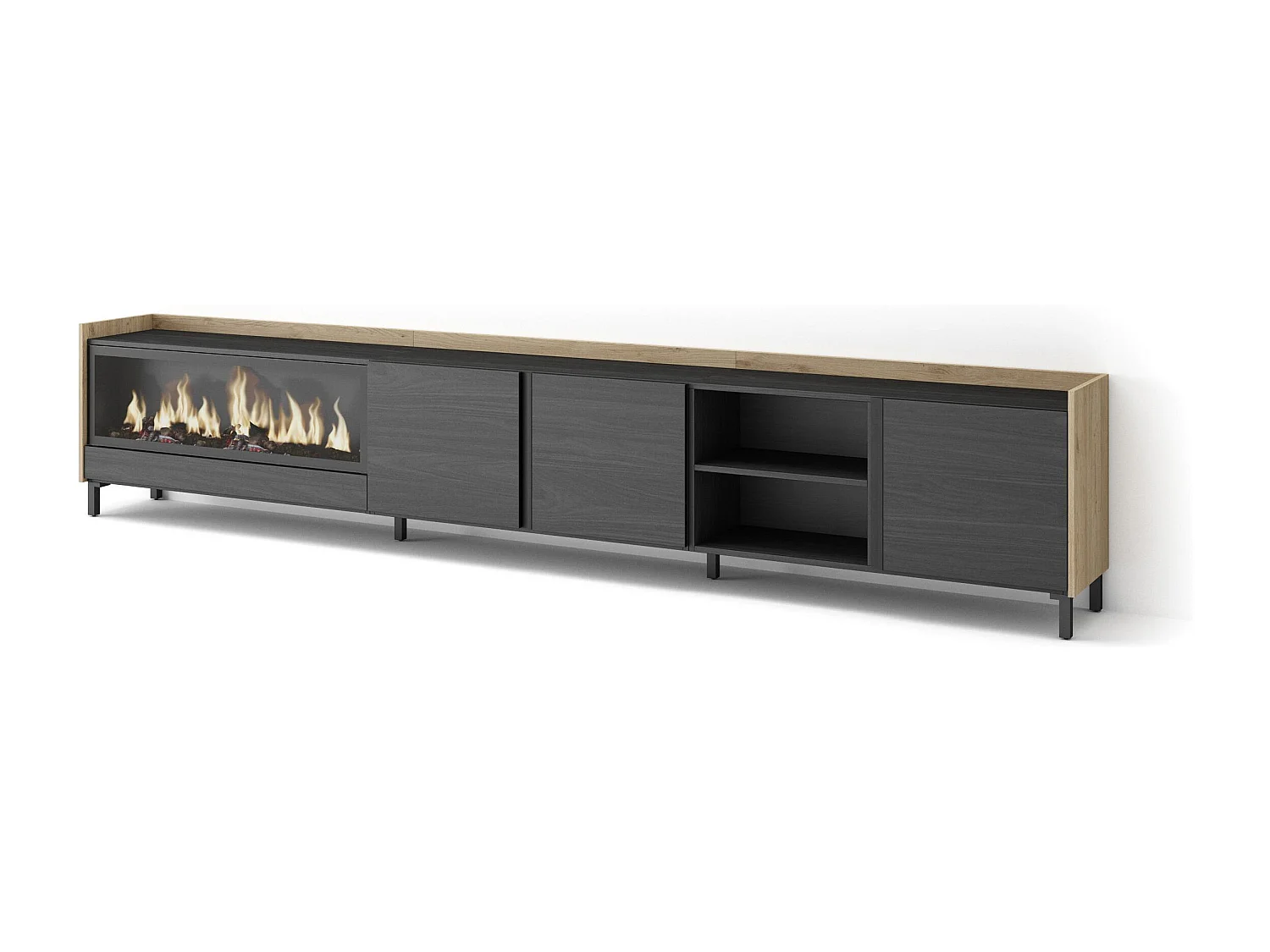 TV-Schrank, Lowboard, 315x61x35 cm, Für TV-Geräte bis zu 80", Elektrokamin XXL, Industriedesign, Schwarz Eiche