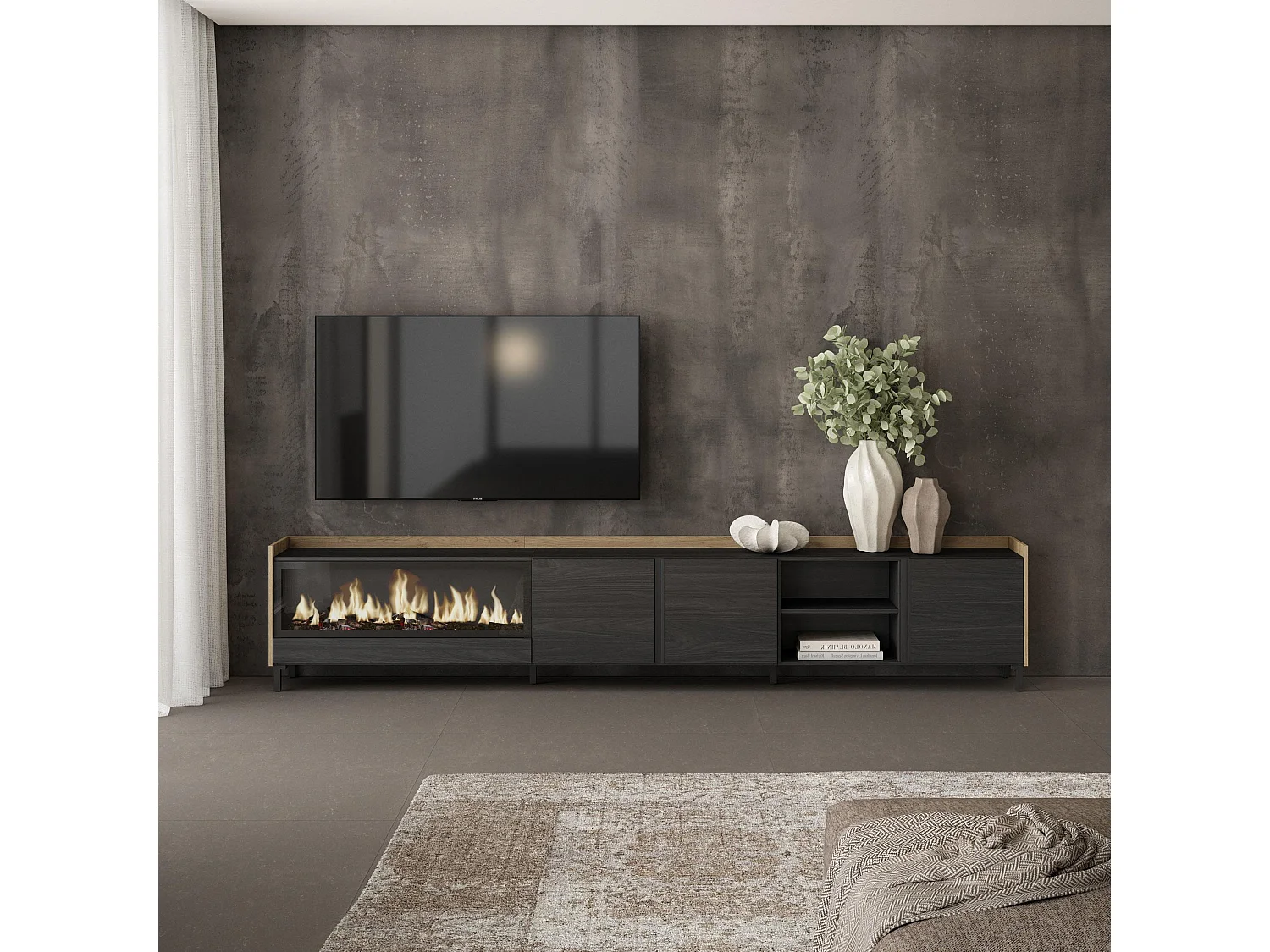 TV-Schrank, Lowboard, 315x61x35 cm, Für TV-Geräte bis zu 80", Elektrokamin XXL, Industriedesign, Schwarz Eiche