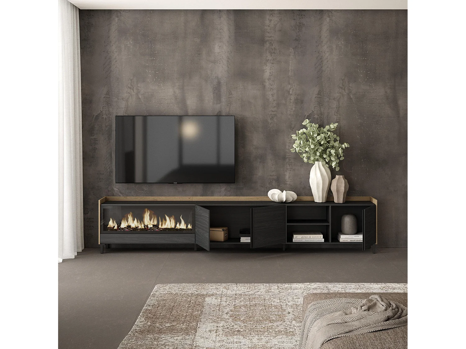 TV-Schrank, Lowboard, 315x61x35 cm, Für TV-Geräte bis zu 80", Elektrokamin XXL, Industriedesign, Schwarz Eiche