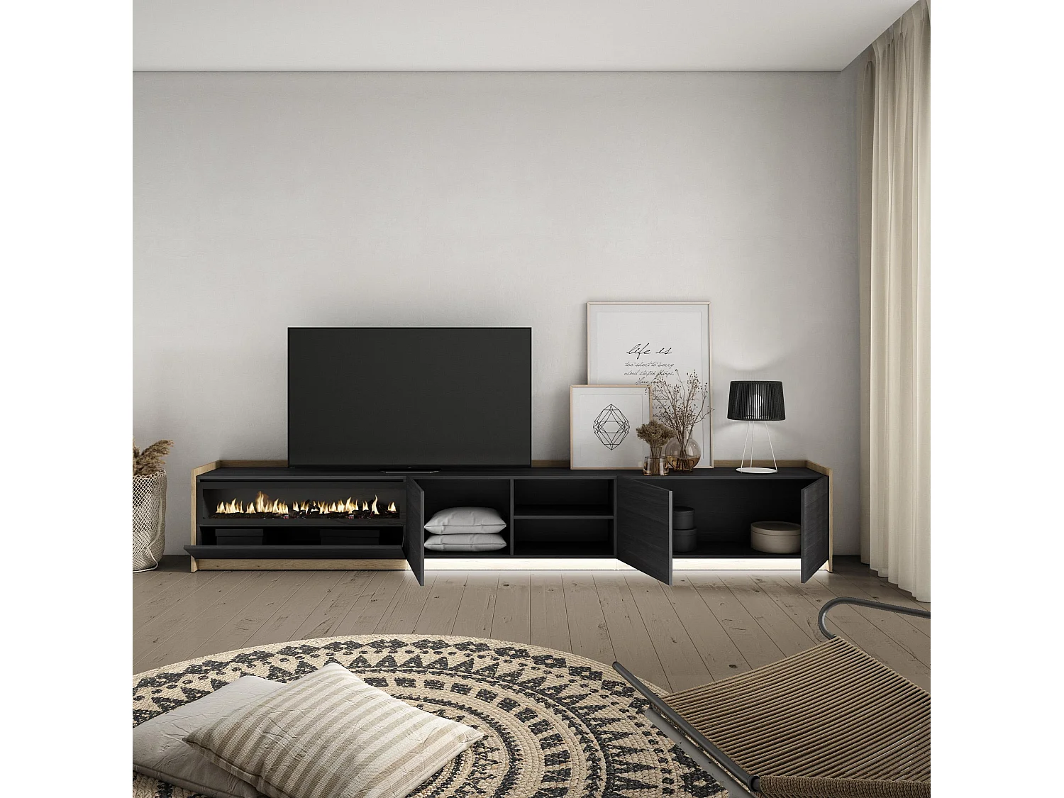 TV-Schrank, Lowboard, 310x50x37 cm, Für TV-Geräte bis zu 80", Elektrokamin., LED, Schwarz Eiche