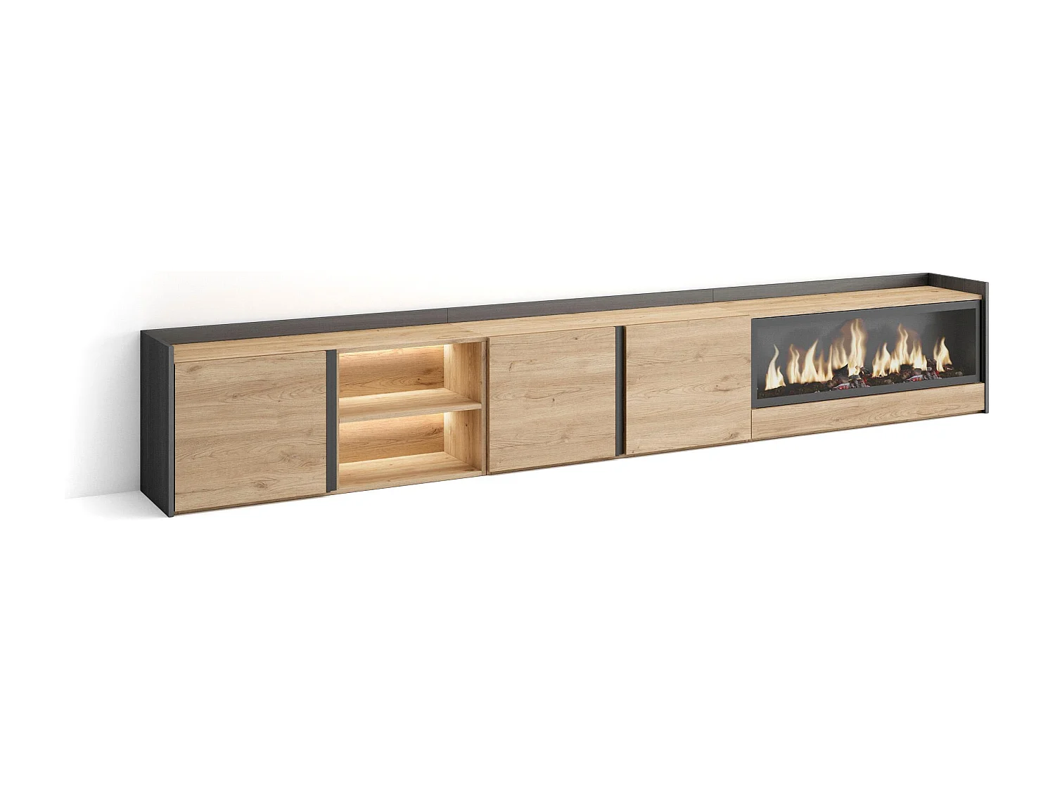 TV-Meubel, Lowboard, 315x50x35 cm, Voor tv's tot 80", Elektrische haard XXL, LED, Eiken/Zwart