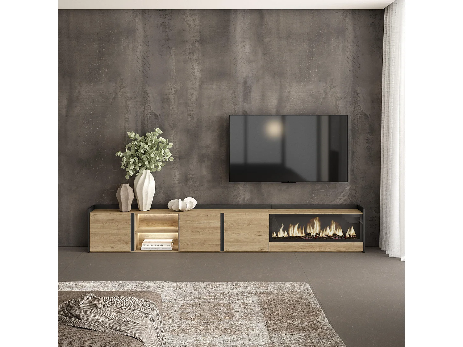 TV-Meubel, Lowboard, 315x50x35 cm, Voor tv's tot 80", Elektrische haard XXL, LED, Eiken/Zwart