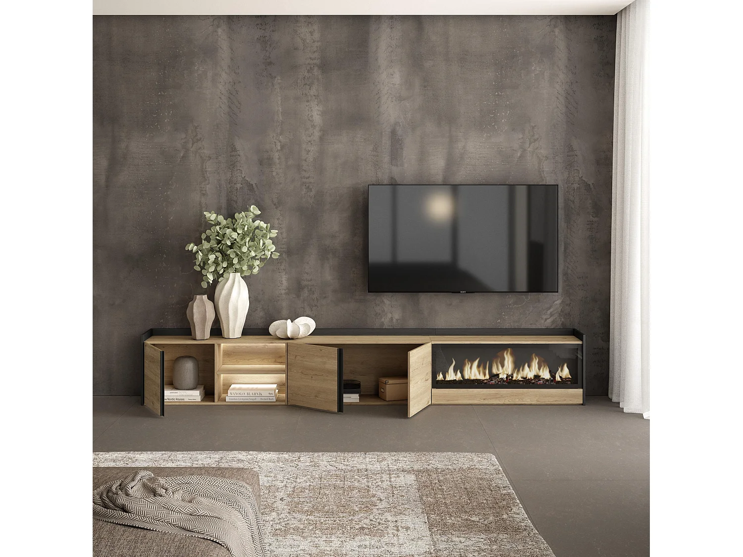 TV-Meubel, Lowboard, 315x50x35 cm, Voor tv's tot 80", Elektrische haard XXL, LED, Eiken/Zwart