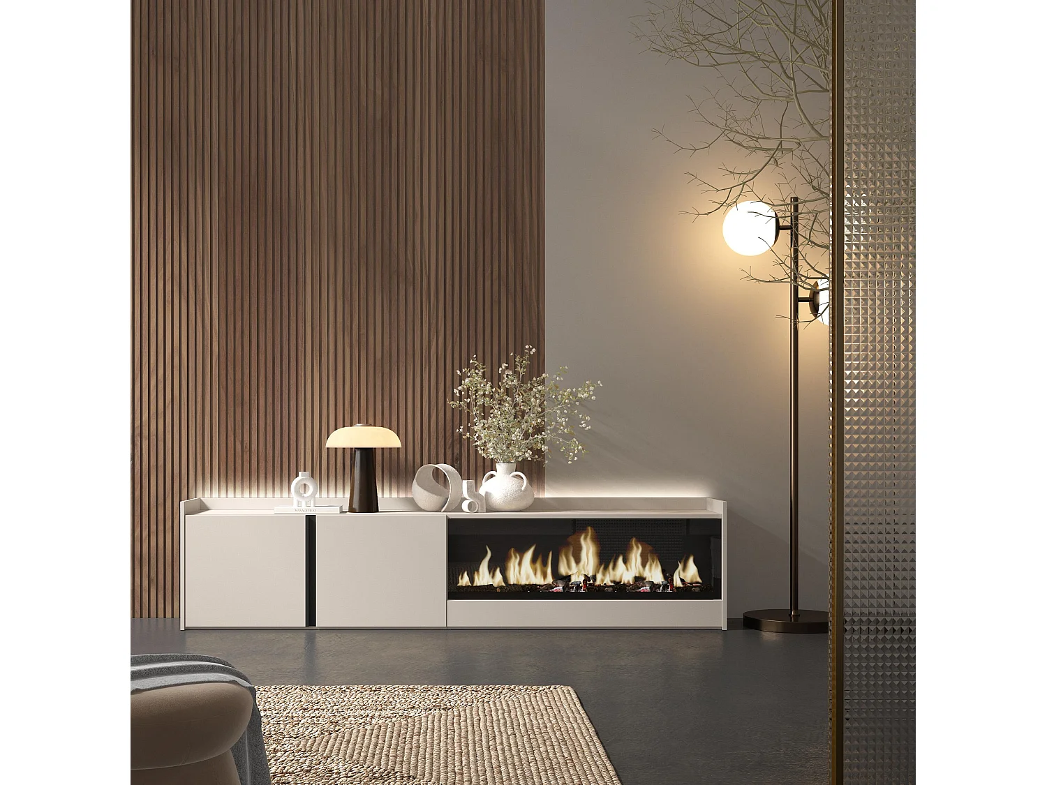 TV-Schrank, Lowboard, 212x50x35 cm, Für TV-Geräte bis zu 80", Elektrokamin XXL, LED, Beige