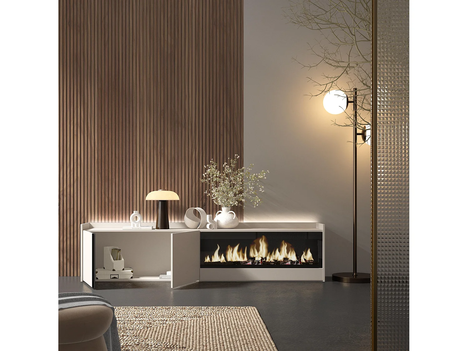 TV-Schrank, Lowboard, 212x50x35 cm, Für TV-Geräte bis zu 80", Elektrokamin XXL, LED, Beige